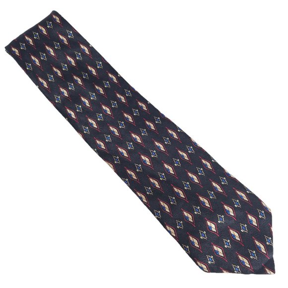 Lands' End Men Tie 100% Silk Geometric Black Red Multi 57x4 - NWOT - Picture 1 of 5